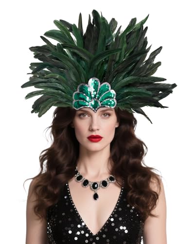 UQJE Womens Feather Headpiece, Carnival Showgirl Headdress Headband, Green