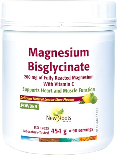 New Roots Herbal Magnesium Bisglycinate Powder with Vitamin C, Lime Flavor Drink Mix, 454g - Pure Magnesium Glycinate for Sleep - Support Heart Health, Muscles, Bone & Metabolism