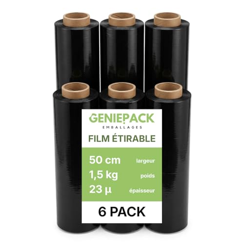 Lot de 6 Rouleaux de Film Étirable Noir Opaque pour Palette – Qualité Industrielle – 500 mm x 23 Microns – 1,5kg par rouleau – Film de Palettisation...