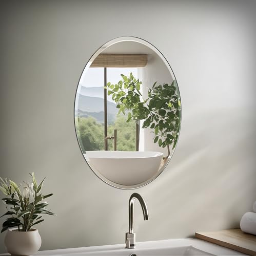 Image of Gatco 1800 Bathroom Wall Mirror, 27 inchH x 20 inchW Modern mirror for Living Room, Vanity, Slim Design Beveled Frameless Oval mirror - Easy Mount Safety Bracket