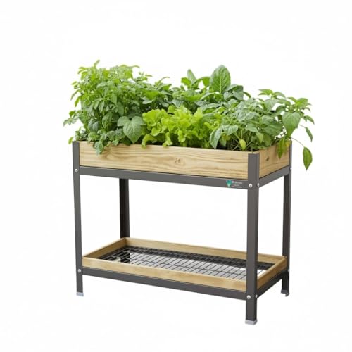 MI HUERTO URBAN Jardinera Elevada Madera con Bandeja Recoge Aguas | Estructura Metálica | Mesa Cultivar Plantas Terraza Jardín Balcón Exterior | Gris Mate | HUERTO Alto - 90x40x78 cm