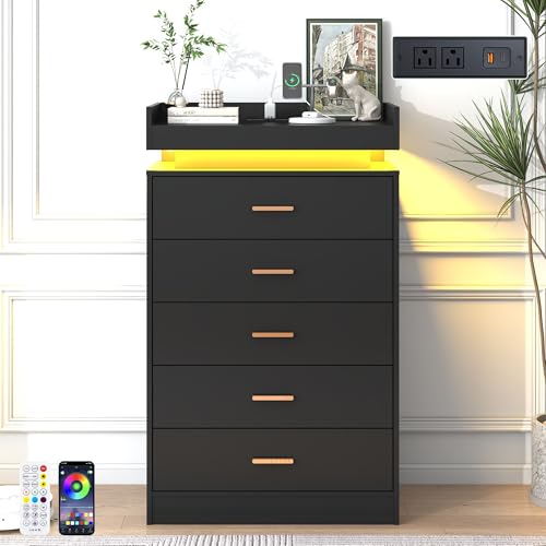 Image of jiteentarou 5 Drawer Dresser with Charging Station and LED Lights, Modern Chest of Drawers with Power Outlet, Organizer Cabinet for Bedroom, Living Room, Entryway, Black