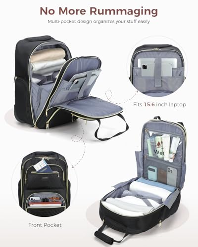 Ponhog Rolling Laptop Travel Backpack with Wheels for Women - 15.6 Inch Laptop Wheeled Backpack, Carry on Trolley Suitcase Black Computer Bag for Adults Business College Work Overnight,Black - Image 3