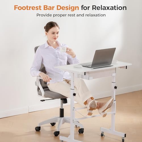 Image of COMHOMA Standing Desk Adjustable Height & Tiltable Tabletop, Portable Stand Up Desk for Laptop, Mobile Folding Desk for Home Office Work and Walking Pad Treadmill, Height 30.7 inch-46.4 inch, White