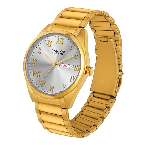 Image of Carlos Philip Men's Roman Numeral Analog Watch - Day and Date Display, Stainless Steel Strap, Quartz Movement, Business Style Watch for Men