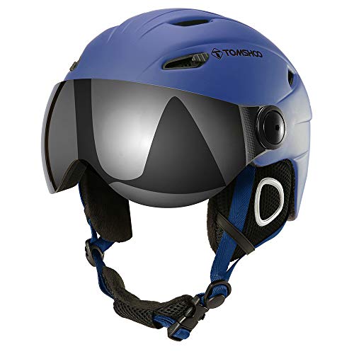 Casco de esquí, Casco de Seguridad Certificado Esquí Profesional Snowboard Casco de Deportes de Nieve Orejera Desmontable Gafas integradas/Sin Gafas (Azul Claro, L)