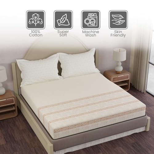 Image of Layers 100% Cotton King Size Bedsheet Set | Cream Ethnic Print | 120 TC Forever Collection | Soft & Breathable | Washable Bedsheet with 2 Pillow Covers | All Season