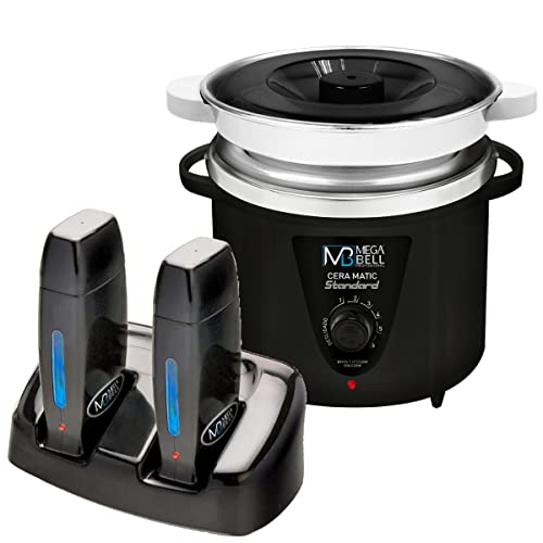 Termocera Panela Depilação 900g c/Refil + Base Dupla c/ 2 Rollon Preto Mega Bell