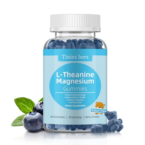 Tinies bers L-theanine Gummies 200mg, with Magnesium Glycinate 400mg, Ashwagandha 300mg - GABA Boost Formula for Sleep, Stress Relief, Without Melatonin, Non GMO, Gluten Free, Vegan, Berry Flavor, 60
