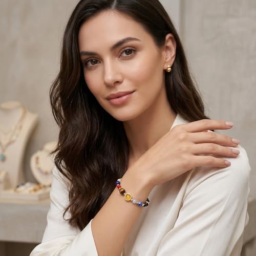 Image of Young & Forever Cosmic Energy Unisex Natural Stone Solar System Bracelet Collection - Eight Planets Healing Crystal Beads for Men & Women (Pack of 1)