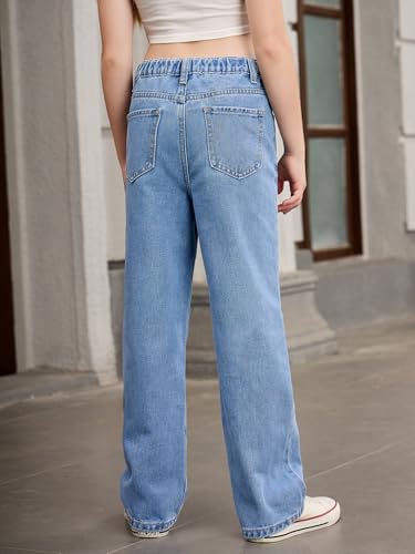 OYOANGLE Girl's Cute Heart Print Elastic Waist Straight Leg Jeans Trendy Denim Pants3