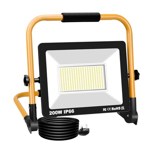PICAA Folding 200W LED Work Light, Portable 6500K White Led Floodlight Outdoor Indoor Job Site Light Loft Light for Workshop Car Repairing Garage, 3 Meters Wire UK Plug IP66