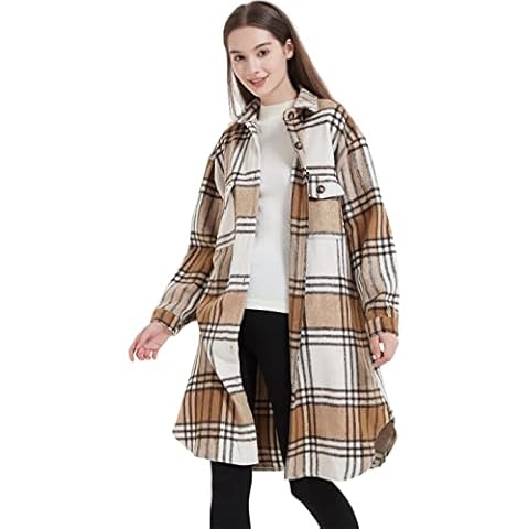 Unilexi Womens Long Plaid Shacket Brushed Flannel Lapel Button Down Shirt Jacket Wool Blend Tartan Coat, Khaki, X-Large Cover