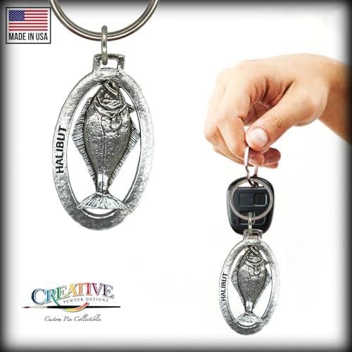 Halibut Keychain, Pewter, S061KC, 2”, 100% Handmade in the USA, Fish Keychain, Saltwater Key Chain, Pacific Halibut Key Ring, Key Fob, Fishing Gift, 200 Fish Designs Available.3