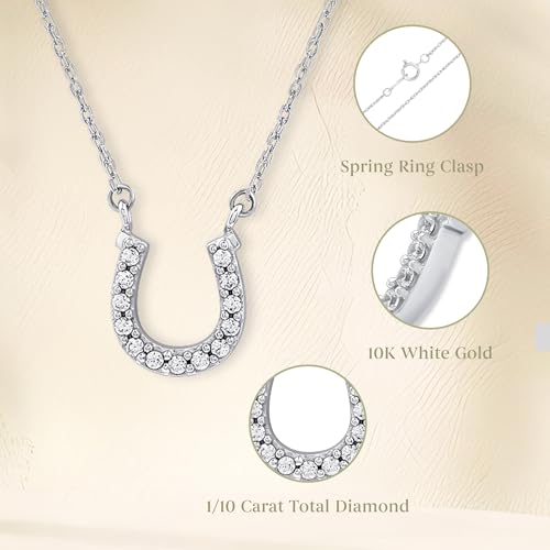 GILDED 10K White Gold Horseshoe Necklace with Natural Round-Cut Diamonds and 17" White Gold Rope Chain, 14K Yellow Gold Plated on Sterling Silver Horseshoe Necklace and 17" Cable Chain, 1/10 Carat Total Weight Diamonds & Elegant Gift Box Included2