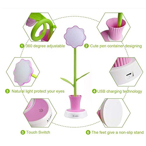 Aiskki Schreibtischlampe für Kinder LED Augenschutz Schreibtischlampe Dimmbare Nachttischlampe mit Touchsensor mit Stifthalter (Rosa) - 3