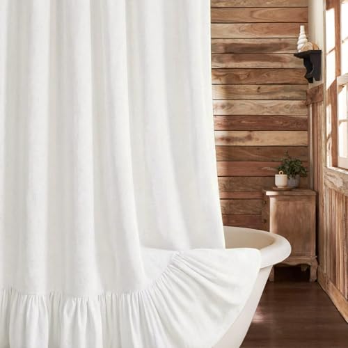 XOGUIBO Farmhouse Shower Curtain with Ruffle Hem Linen White Shower Curtains for Bathroom Country Vintage Rustic Natural Fabric, 72" W x 72" L