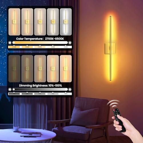 Image of Hardwired Wall Sconces, Modern Wired Wall Sconce, Gold Wall Sconces Set of 2, 350 Rotatable Dimmable Sconces Wall Decor for Bathroom, Living Room, 28 Inch (2 Pack)