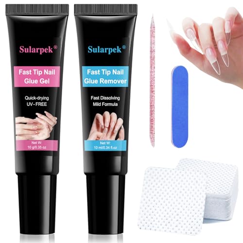 Sularpek Sólido Pegamento de Gel Para Uñas, Gel de Uñas Sólido y Kit de Removedor, Pegamento Uñas Postizas Extra Fuerte Rápido, No Requiere Lámpara de Uñas, Pegamento para Decoración de Uñas DIY