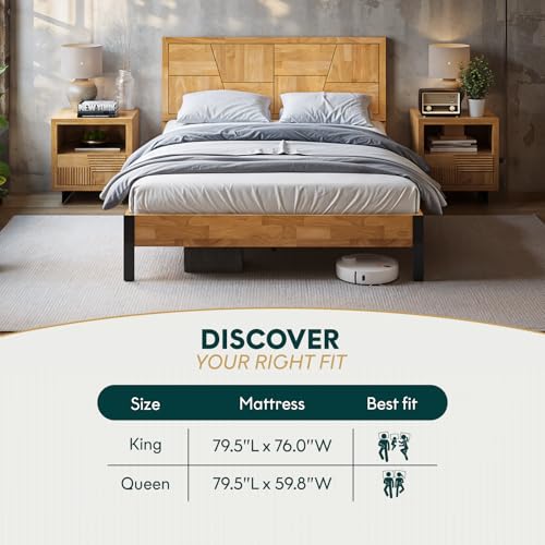 Image of Bme Trapeze Queen Bed Frame - Modern Solid Wood Bed with Smooth Pattern Headboard, Black Metal Legs, Light Natural Finish - Durable Queen Size Platform Bed for Contemporary Bedrooms