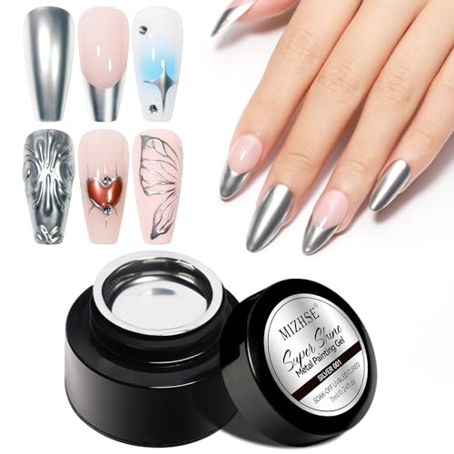MIZHSE Metallic Painting Gel Nail Polish 3D Metal Mirror Effect Holographic Nail Polish Silver Painted Gel Liner Nail Art Metallic Painting Gel