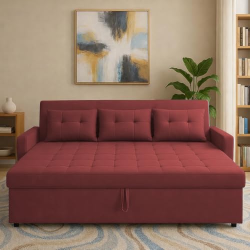 Image of Casaliving Treshta 3 Seater Pull-Out Premium Fabric Sofa Cum Bed Sofa Set for Living Room (Maroon Fabric Color) Premium Fabric Sofa Set for Living Room Sofa Cum Bed