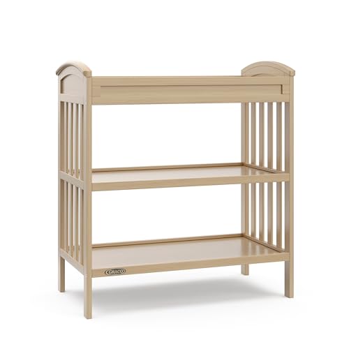 Image of Graco Benton Changing Table with Bonus Water-Resistant Changing Pad (Driftwood) - GREENGUARD Gold Certified, Includes Diaper Change Pad with Safety Strap, 2 Open Storage Shelves for Organizing