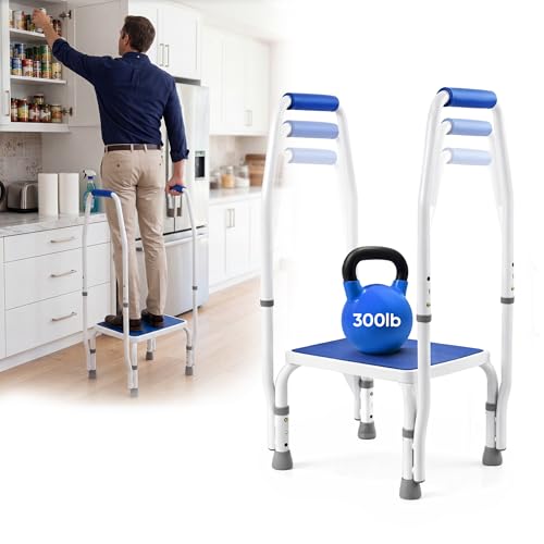 Platinum Health AdjustaStep(tm) DoubleSafe Deluxe Step Stool/Footstool with Dual Handle/Handrail, Height Adjustable. Modern White/Blue Design. Padded Non-Slip Hand Grips