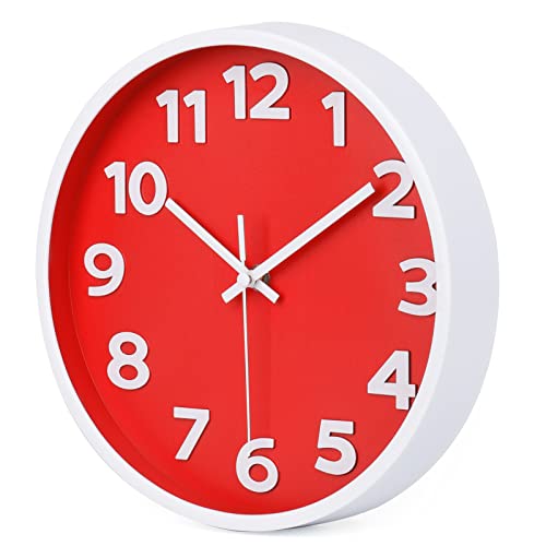 Red Wall Clock 10 Inch Silent Non-Ticking Battery Operated,Small Modern Wall Clocks Quality Quartz Analog Clock Decorative for Kitchen Home School Office, 3D Numbers Easy to Read