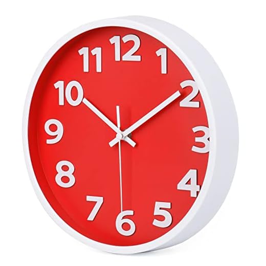 10 Inch Red Wall Clock with 3D Big Numbers, Modern Round Silent Quartz Clock, Easy to Read for Kitchen, for Home, Office, Farmhouse Decor