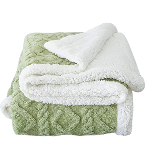 Plus Thick Sherpa Throw Blanket-Soft Warm Breathable Fleece Velvet Knee Blanket With Elegant 3D Pattern For Bed Sofa- Throw Size 50"×60", Sage Green #TOP7