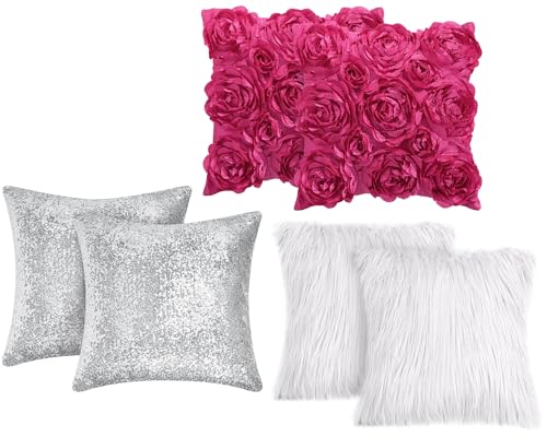 Oudain 6 Pcs Decorative 3D Rose Flower Pillow Cover, 16 x 16 Inch Faux Fur Throw Pillow Covers for Bed Square Sofa Bedroom Car(Hot Pink)