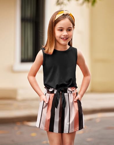 Image of Arshiner Girl's 2 Piece Outfits Tie Knot Tank Top and Paperbag Waist Pocketed Summer Short Sets