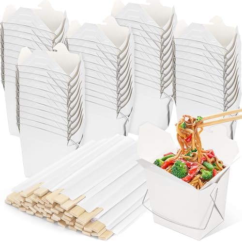 50 Set 16 oz Chinese Take Out Boxes and Disposable Chopsticks, Paper Chinese Food Containers with Metal Wire Handle Food Pail Individually Wrapped Bamboo Wooden Chopstick for Hot or Cold Food