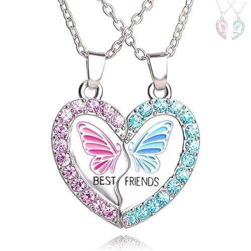 BFF Necklace for 2 Best Friend Necklaces with Heart shape Butterfly Pendant Matching Friendship Necklaces Girl Gifts Kids Jewellery for Women Graduation Birthday Christmas Valentines Gifts