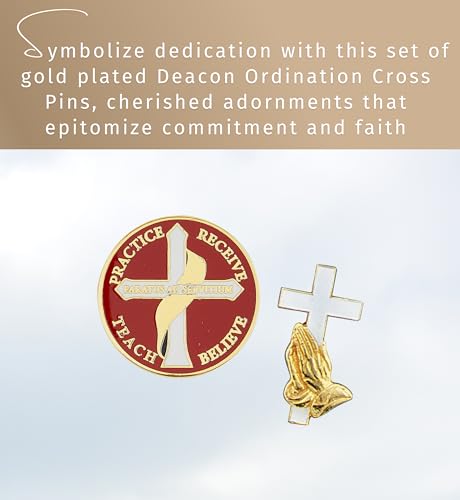 Image of Deacon Ordination Cross Pins For Men and Women - Gold Plated Deacon and Cross Pins For Lapel, Robe, Tie, Suit, Jacket, Hat - Catholic Deacon Cross Pin Set of 2 Items