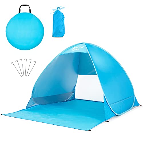 Active Era Namiot Plażowy Pop-Up, Samorozkładający, 2 3 Osobowy, Ogrodowy Dla Dzieci Na Plażę Dorosłych, Kempingowy Rozkładany Lekki Przeciwsłoneczny UPF 50+, z Moskitierą, Osłona przed Promieniowaniem, Niebieski