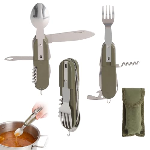 LOLANIUT Couverts de Camping Pliants K05 en Acier Inoxydable, Couverts Multifonctions 6 en 1 avec Couteau Fourchette Cuillère Ouvre Bouteille Ouvre Boîte...