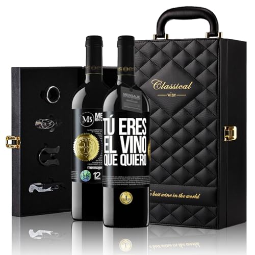 «Tú eres el vino que quiero» Mensaje en una Botella. Estuche-Maletín de LUJO 2x Vino Tinto Premium Reserva 12 Meses y Set de 4 Accesorios. Etiqueta Negra PERSONALIZABLE