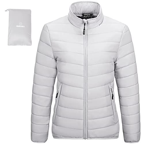 Outdoor Ventures Damen Steppjacke Leichte Warme Packbare Übergangsjacke Puffer Jacke für Frauen Gefüttert Weiche Steppmantel Quilted Coat für Freizeit Wandern Reisen Outdoor Hellgrau XL Cover