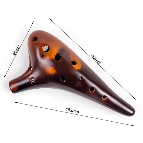 Ocarina, Horse 12 Holes Alto C Ceramic with Carry Bag Music Book Strap (Brown)