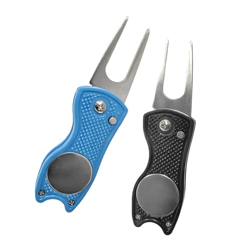 Plomveriq 2 Pcs Pitch Mark Repair Tool Stainless Steel Golf Divot Repair Tool with Button & Magnetic Ball Marker Pitch Mark Lightweight Foldable Divot Tool for Men Women Golfer Outdoor