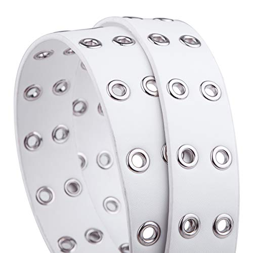 Samtree Pu Leather Double Grommet Belt For Men Women, Adjustable Rock Punk Jeans Metal Square Buckle 2 Hole Belt For Unisex, White #TOP2