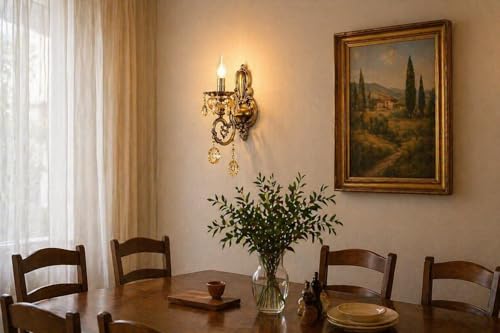 Image of Italian Wall Lamp, Antique Gold Finish, Single Light Wall Lamp with Decorative Crystals with Filament Bulb (Warm White) (Corded Electric, Glass)