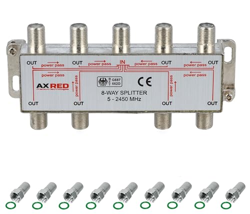 Anadol Axred 8-Way Satellite Splitter + 9x F-Connector, Distributes 1 Antenna Signal to 8 Devices (TV/FM Radio), Includes Axred 8-Way Satellite Distributor