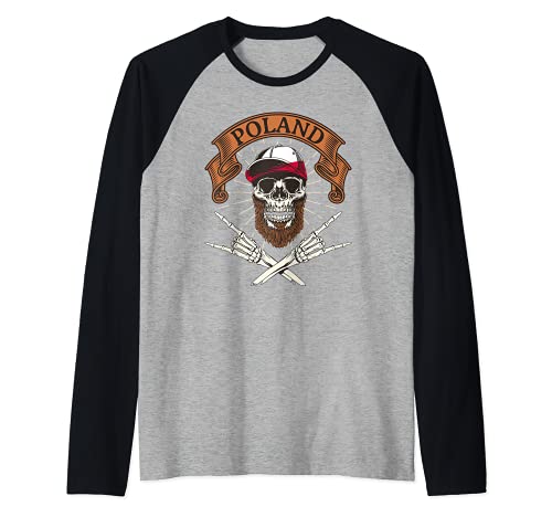 Poland Skull Polish Flag Poles Polska Raglan Baseball Tee, Black