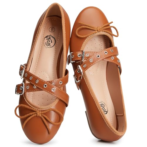 Trary Mary Jane Shoes Women,Memory Foam Brown Flats for Women,