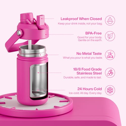 Image of Kids Insulated Water Bottle with Straw - 12oz Stainless Steel Water Bottle with Dual Spouts, Leak-Proof, BPA-Free, Double Wall Vacuum Keeps Cold for 24 Hours for Sports, Travel, School (Persian Rose)