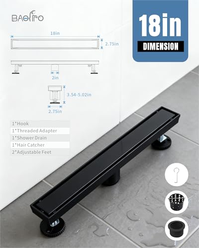 Image of 18 Inch Matte Black Linear Shower Drain | CUPC Certified 2-in-1 Tile Insert for Curbless Showers. 304 Steel, 15.8GPM Flow. Includes Hair Catcher & Adjustable Feet.