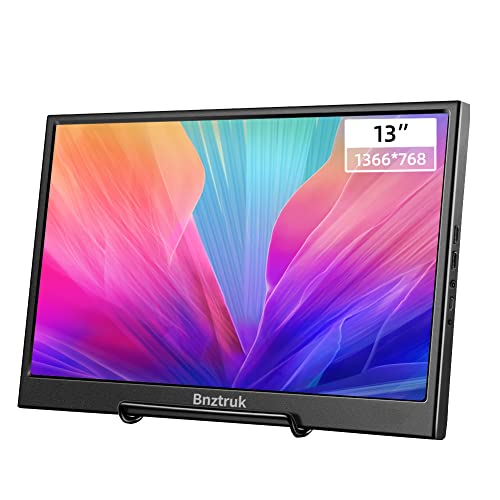 Portable Monitor, Bnztruk 13 inch External Monitor Ultra Slim 1366x768 HD Display 16:9 Second Screen Monitor Travel Monitor for Laptop MacBook PC Computer Raspberry pi,5ms,60HZ 